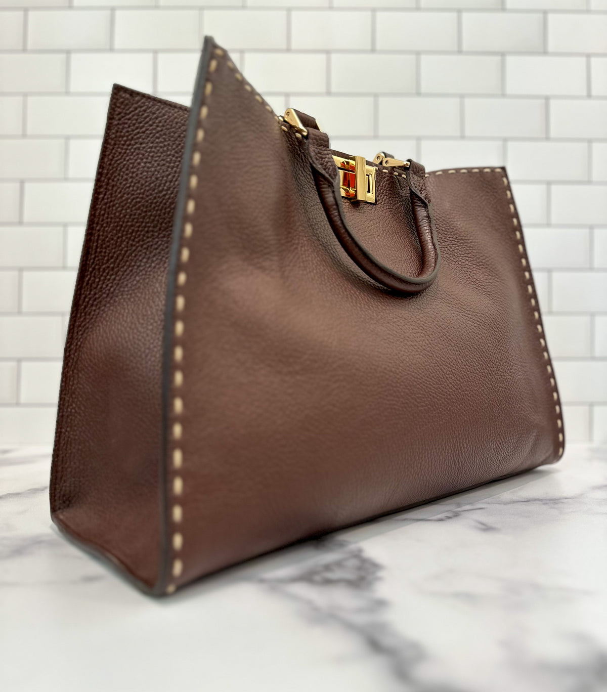 Valentino Rockstud Tote Leather Bag Camel Brown